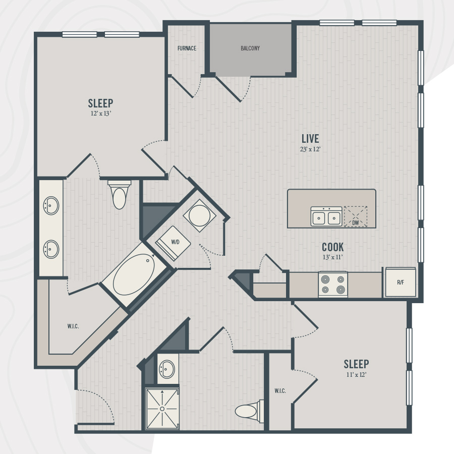 Rendering of the B1+ floor plan with 2 bedroom[s] and 2 bathroom[s] at north680
