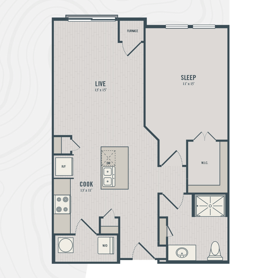 Rendering of the A2 floor plan with 1 bedroom[s] and 1 bathroom[s] at north680