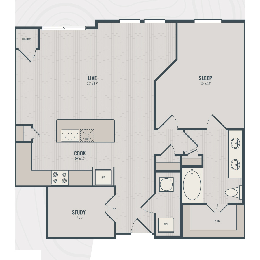 Rendering of the A4 floor plan with 1 bedroom[s] and 1 bathroom[s] at north680
