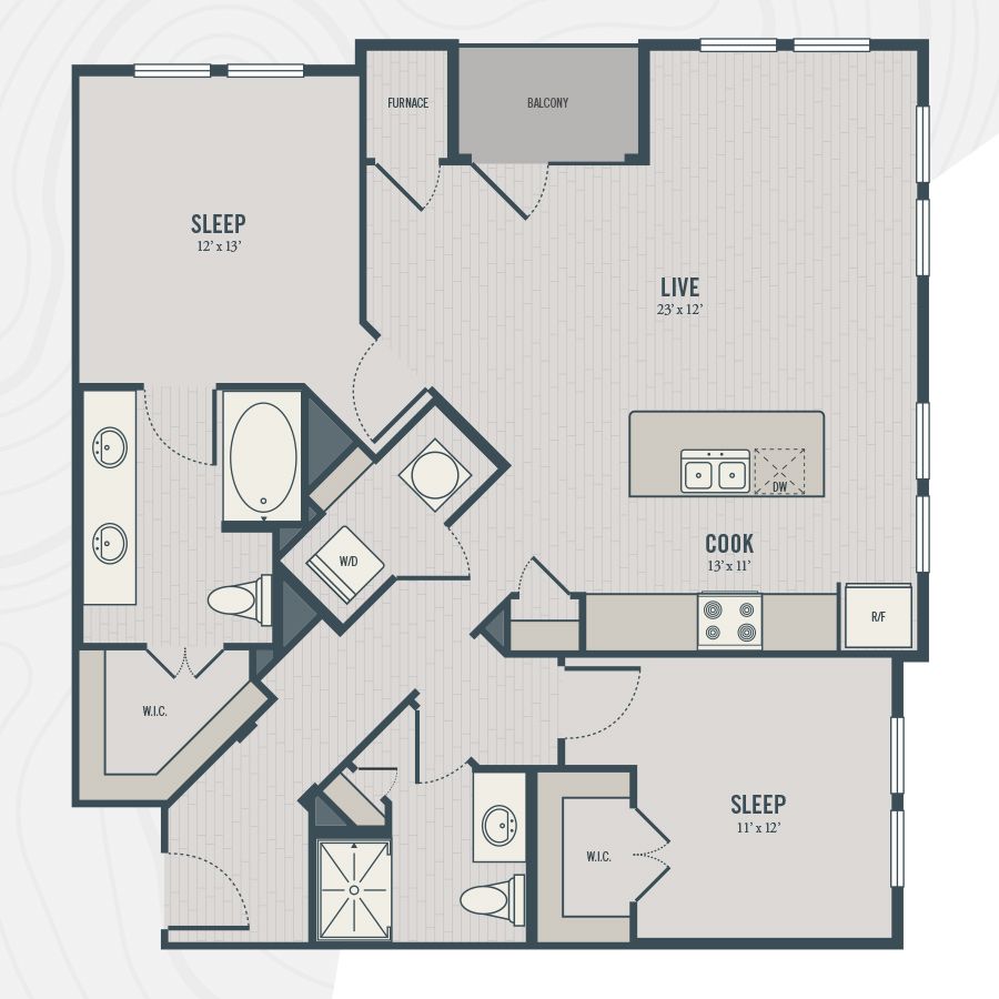 Rendering of the B1 floor plan with 2 bedroom[s] and 2 bathroom[s] at north680