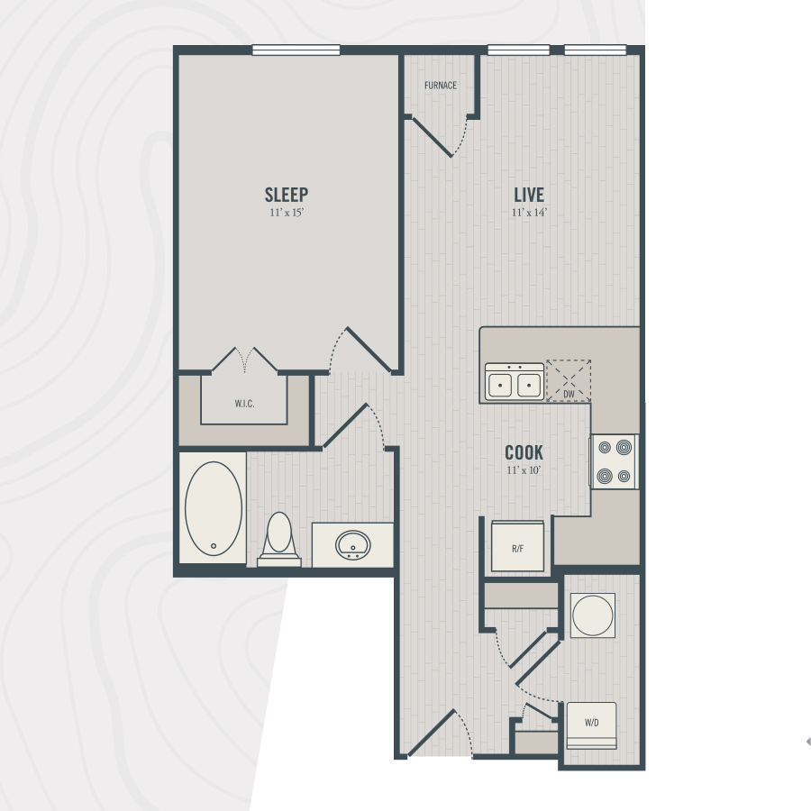 Rendering of the A1 floor plan with 1 bedroom[s] and 1 bathroom[s] at north680