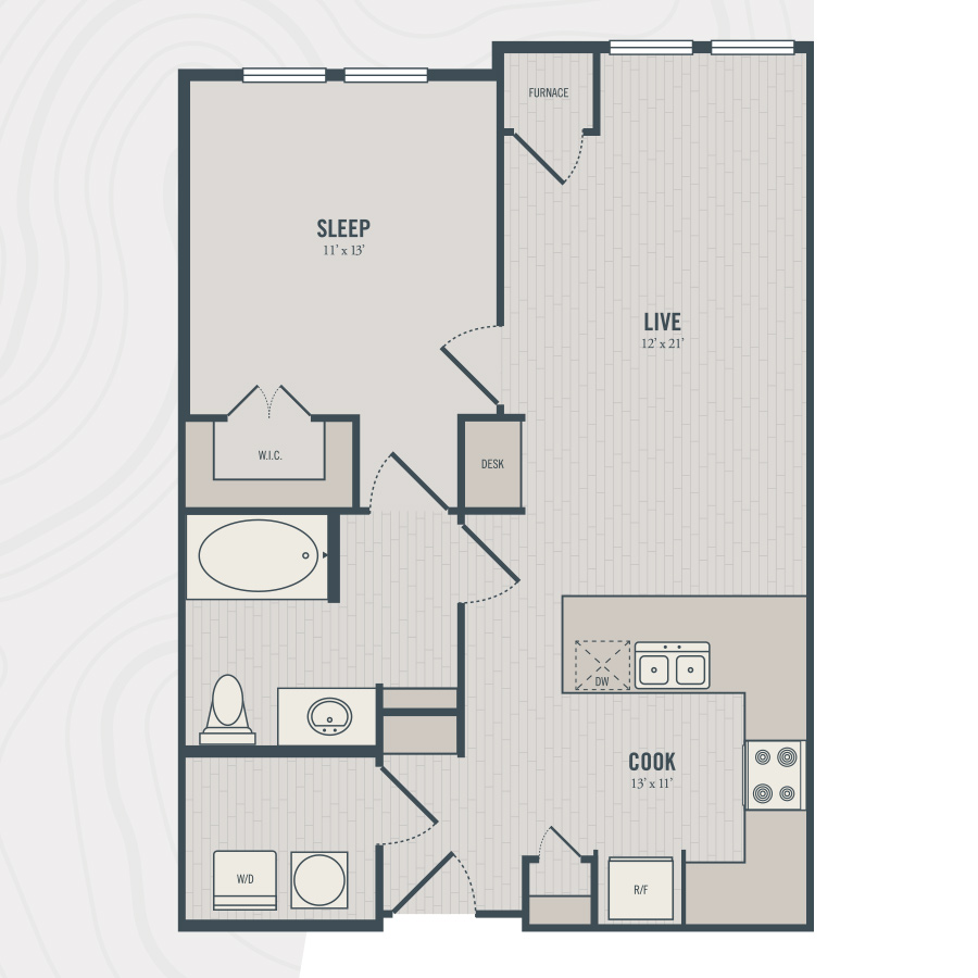 Rendering of the A3 floor plan with 1 bedroom[s] and 1 bathroom[s] at north680