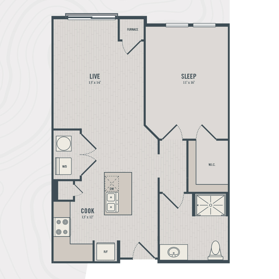 Rendering of the A2+ floor plan with 1 bedroom[s] and 1 bathroom[s] at north680
